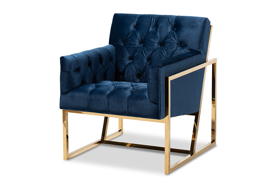 baxton studio milano modern and contemporary navy velvet fabric upholstered gold finished lounge chair | Modish Furniture Store-2