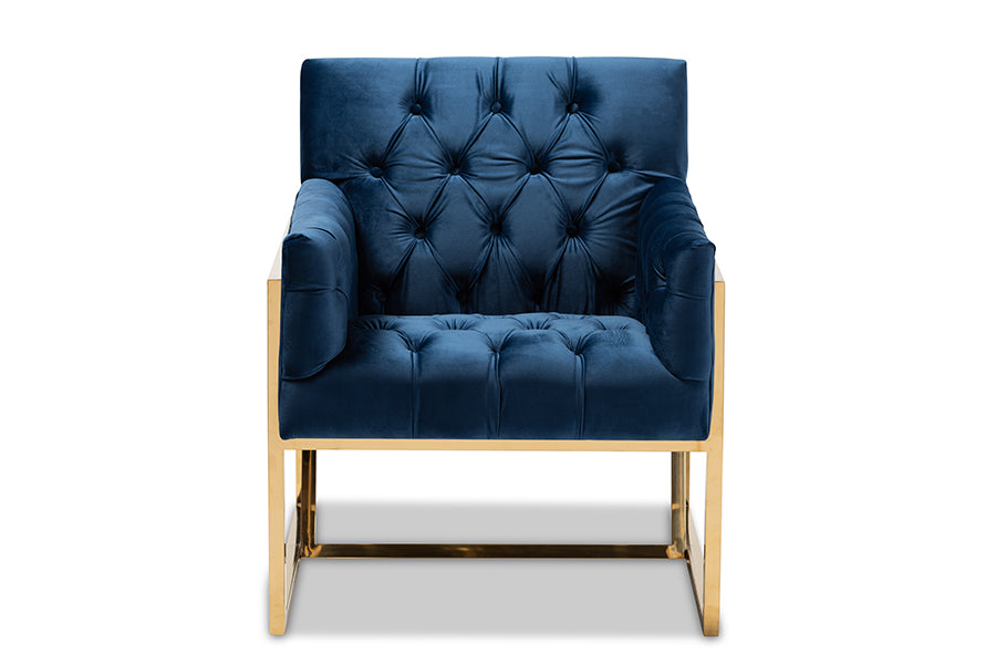 baxton studio milano modern and contemporary navy velvet fabric upholstered gold finished lounge chair | Modish Furniture Store-3