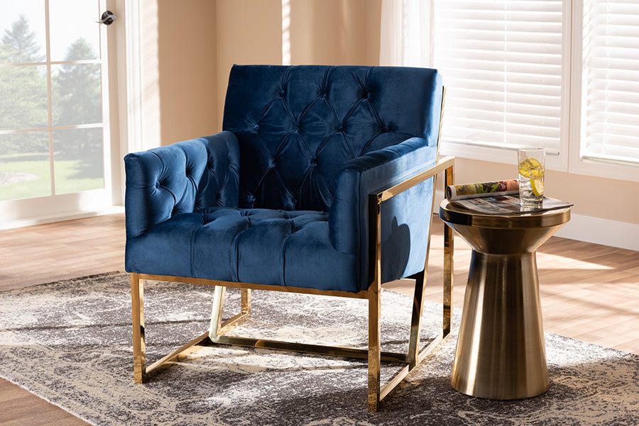 Baxton Studio Milano Modern and Contemporary Navy Velvet Fabric Upholstered Gold Finished Lounge Chair | Modishstore | Lounge Chairs