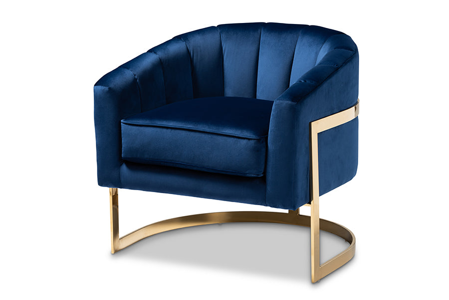 baxton studio tomasso glam royal blue velvet fabric upholstered gold finished lounge chair | Modish Furniture Store-2