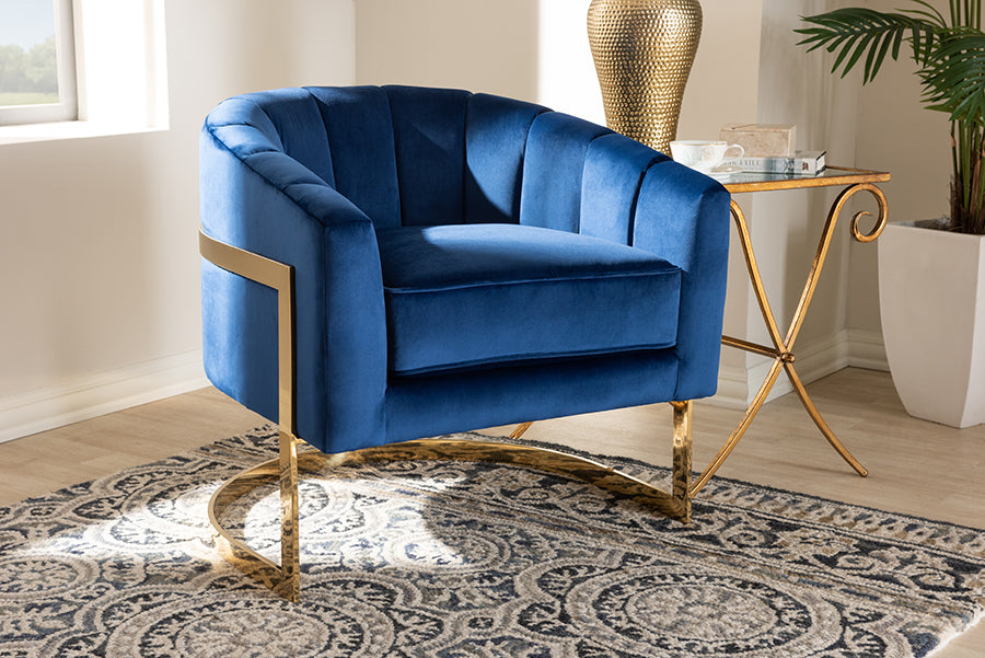 Baxton Studio Tomasso Glam Royal Blue Velvet Fabric Upholstered Gold-Finished Lounge Chair | Modishstore | Lounge Chairs