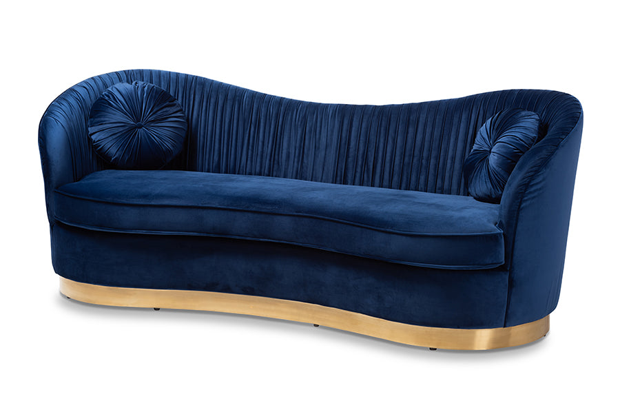 baxton studio nevena glam royal blue velvet fabric upholstered gold finished sofa | Modish Furniture Store-2