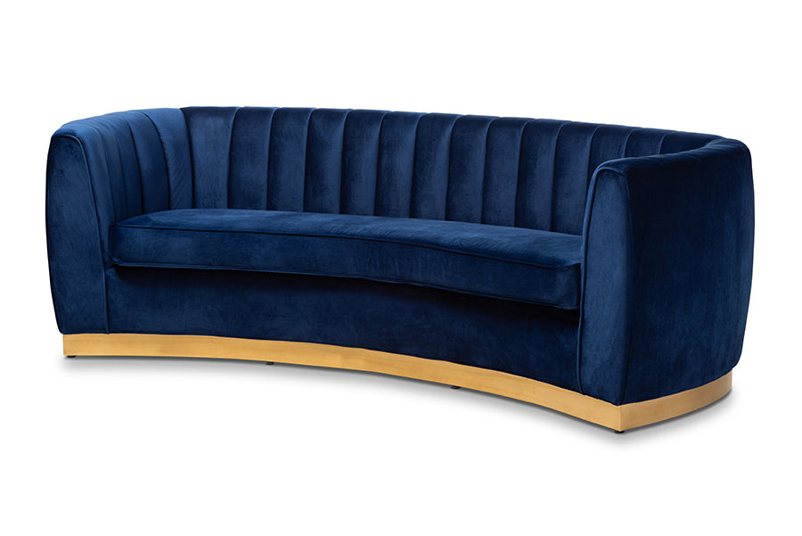 baxton studio milena glam royal blue velvet fabric upholstered gold finished sofa | Modish Furniture Store-2