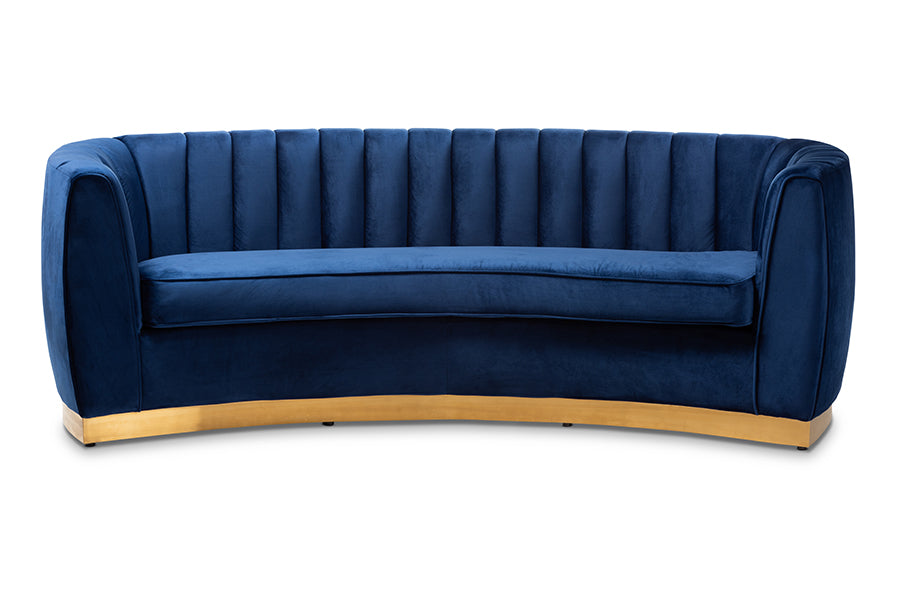 baxton studio milena glam royal blue velvet fabric upholstered gold finished sofa | Modish Furniture Store-3