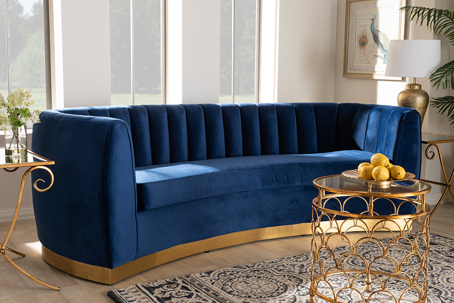 Baxton Studio Milena Glam Royal Blue Velvet Fabric Upholstered Gold-Finished Sofa | Modishstore | Sofas