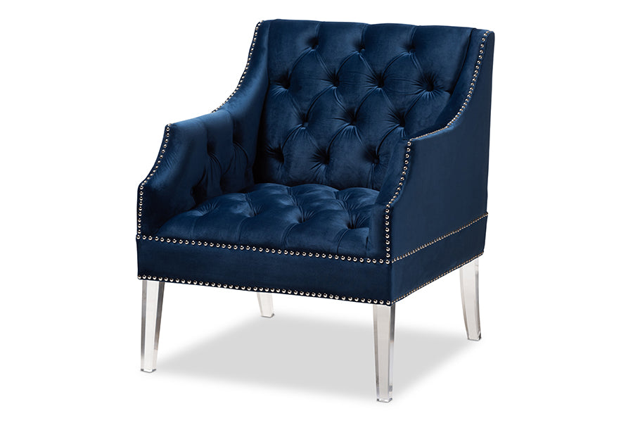 baxton studio silvana modern and contemporary navy velvet fabric upholstered lounge chair with acrylic legs | Modish Furniture Store-2