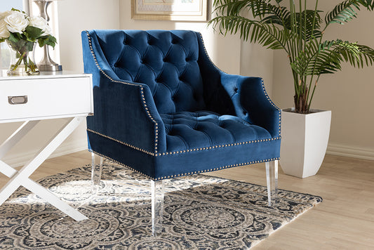 Baxton Studio Silvana Modern and Contemporary Navy Velvet Fabric Upholstered Lounge Chair with Acrylic Legs | Modishstore | Lounge Chairs