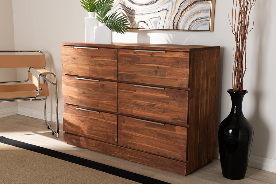 Baxton Studio Austin Modern and Contemporary Caramel Brown Finished 6-Drawer Wood Dresser | Modishstore | Drawers