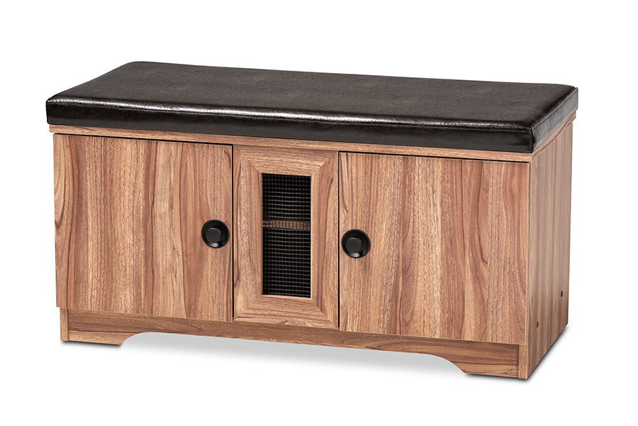 baxton studio valina modern and contemporary dark brown faux leather upholstered 2 door wood shoe storage bench | Modish Furniture Store-2