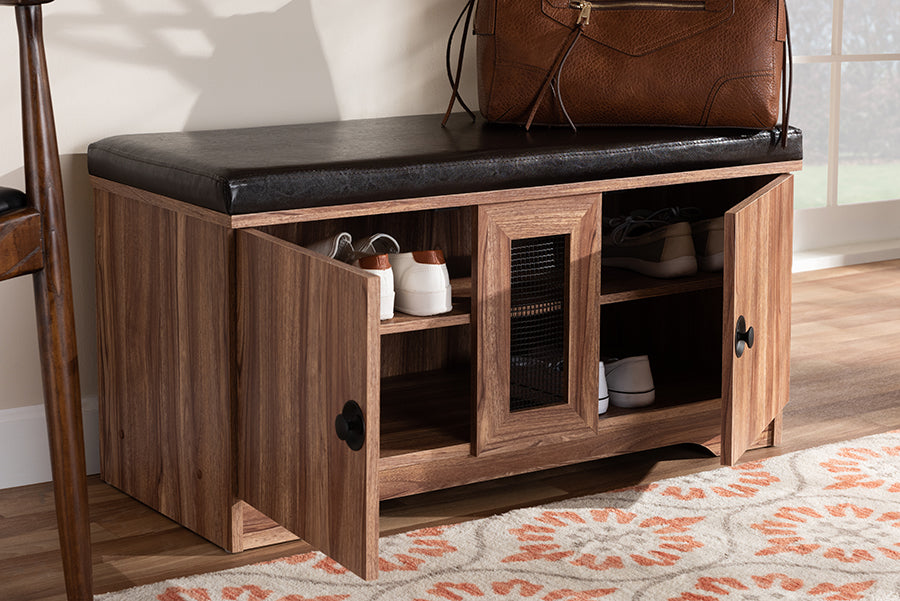 Baxton Studio Valina Modern and Contemporary Dark Brown Faux Leather Upholstered 2-Door Wood Shoe Storage Bench | Modishstore | Cabinets