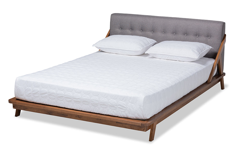 baxton studio sante mid century modern grey fabric upholstered wood queen size platform bed | Modish Furniture Store-2