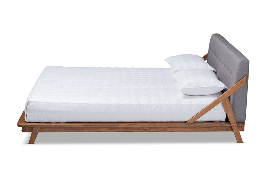 baxton studio sante mid century modern grey fabric upholstered wood full size platform bed | Modish Furniture Store-3