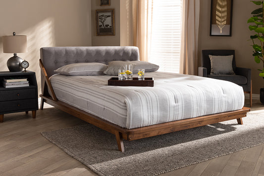 Baxton Studio Sante Mid-Century Modern Grey Fabric Upholstered Wood King Size Platform Bed | Modishstore | Beds