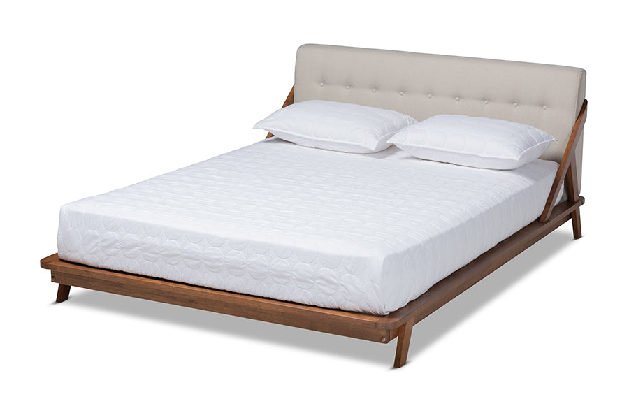 baxton studio sante mid century modern light beige fabric upholstered wood king size platform bed | Modish Furniture Store-2