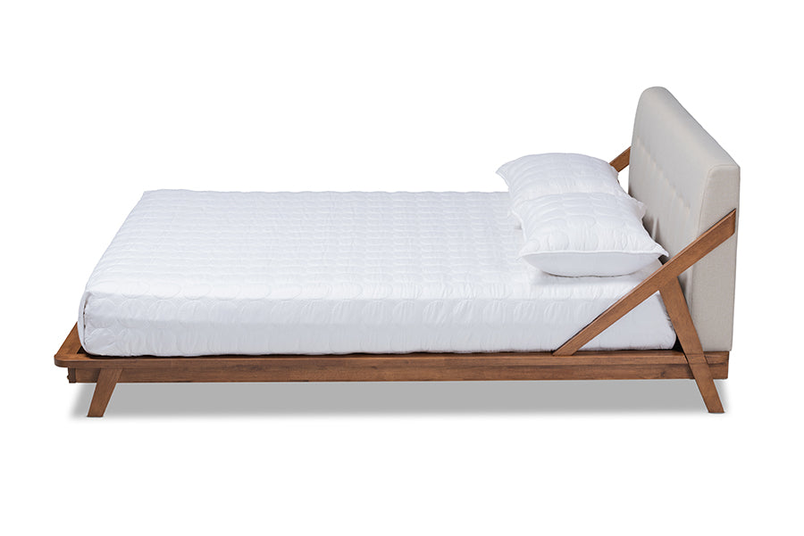 baxton studio sante mid century modern light beige fabric upholstered wood king size platform bed | Modish Furniture Store-3