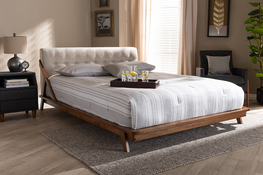 Baxton Studio Sante Mid-Century Modern Light Beige Fabric Upholstered Wood King Size Platform Bed | Modishstore | Beds