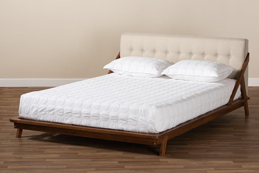 Baxton Studio Sante Mid-Century Modern Light Beige Fabric Upholstered Wood Full Size Platform Bed | Beds | Modishstore - 3