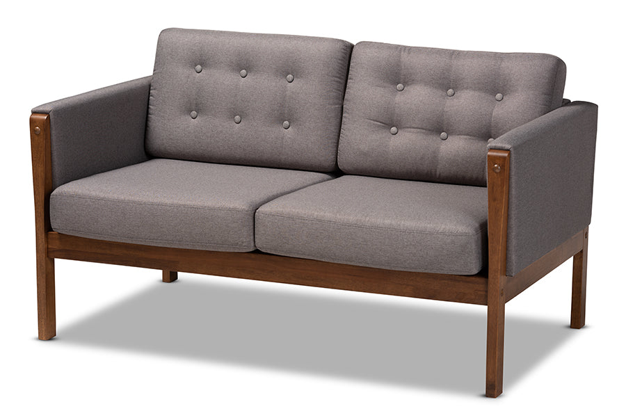 baxton studio lenne mid century modern grey fabric upholstered walnut finished loveseat | Modish Furniture Store-2