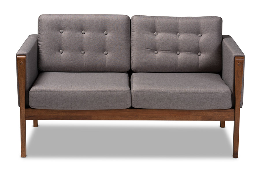 baxton studio lenne mid century modern grey fabric upholstered walnut finished loveseat | Modish Furniture Store-3