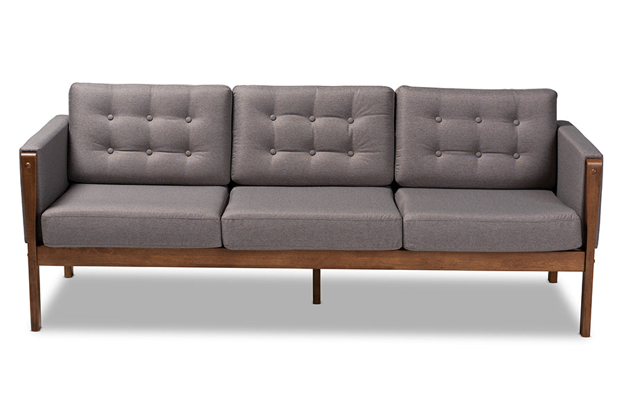 baxton studio lenne mid century modern grey fabric upholstered walnut finished sofa | Modish Furniture Store-3
