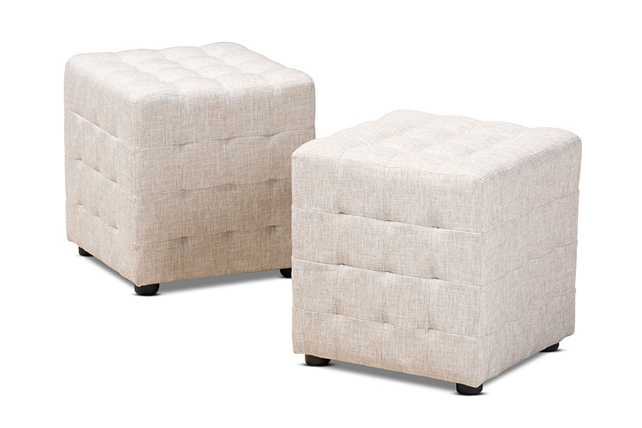 baxton studio elladio modern and contemporary beige fabric upholstered tufted cube ottoman set of 2 | Modish Furniture Store-2
