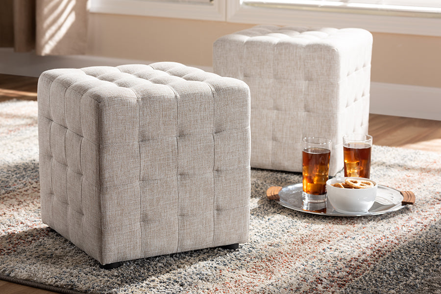 Baxton Studio Elladio Modern and Contemporary Beige Fabric Upholstered Tufted Cube Ottoman Set of 2 | Modishstore | Ottomans