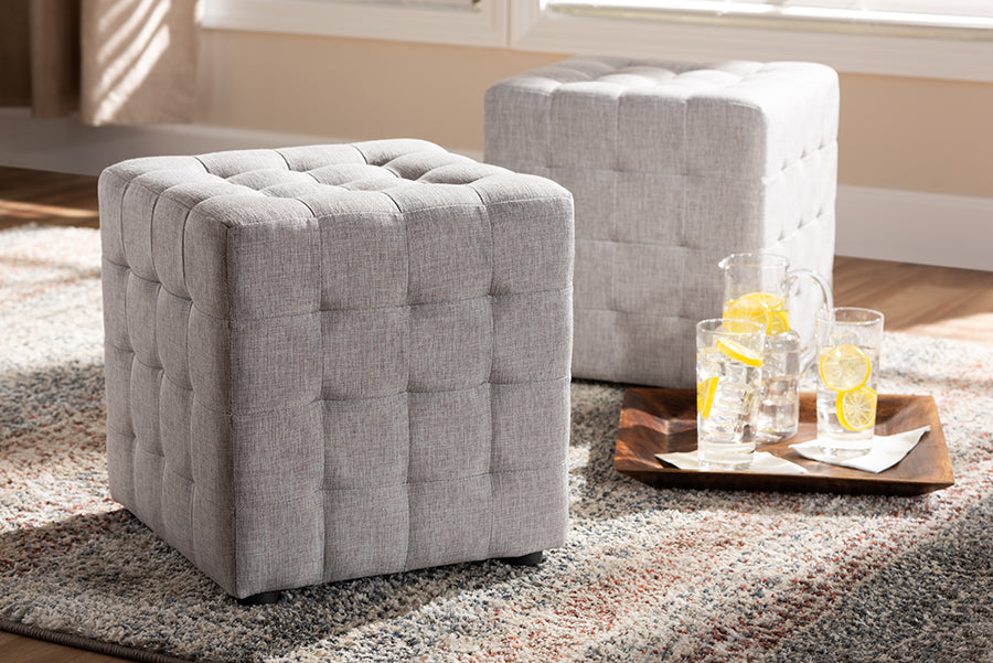 Baxton Studio Elladio Modern and Contemporary Greyish Beige Fabric Upholstered Tufted Cube Ottoman Set of 2 | Modishstore | Ottomans
