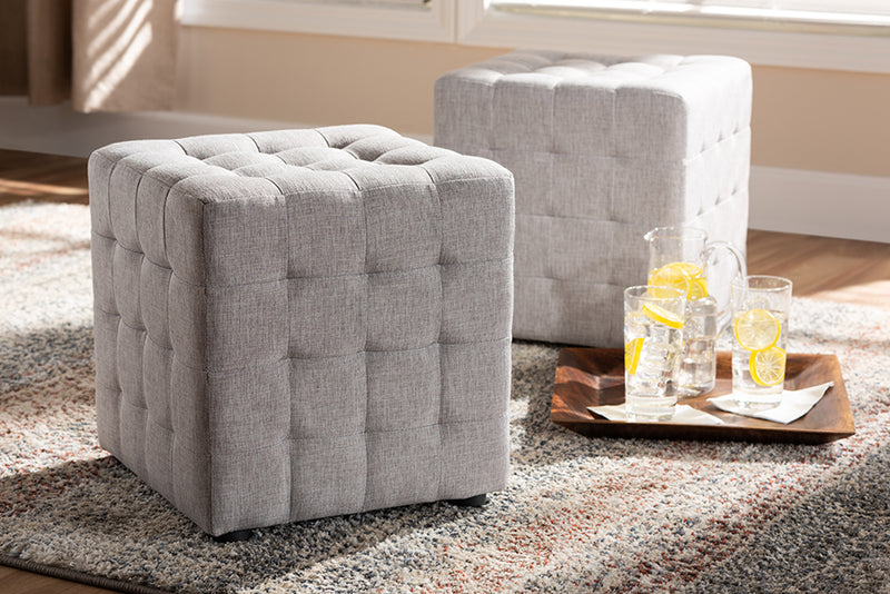 Baxton Studio Elladio Modern and Contemporary Greyish Beige Fabric Upholstered Tufted Cube Ottoman Set of 2 | Modishstore | Ottomans