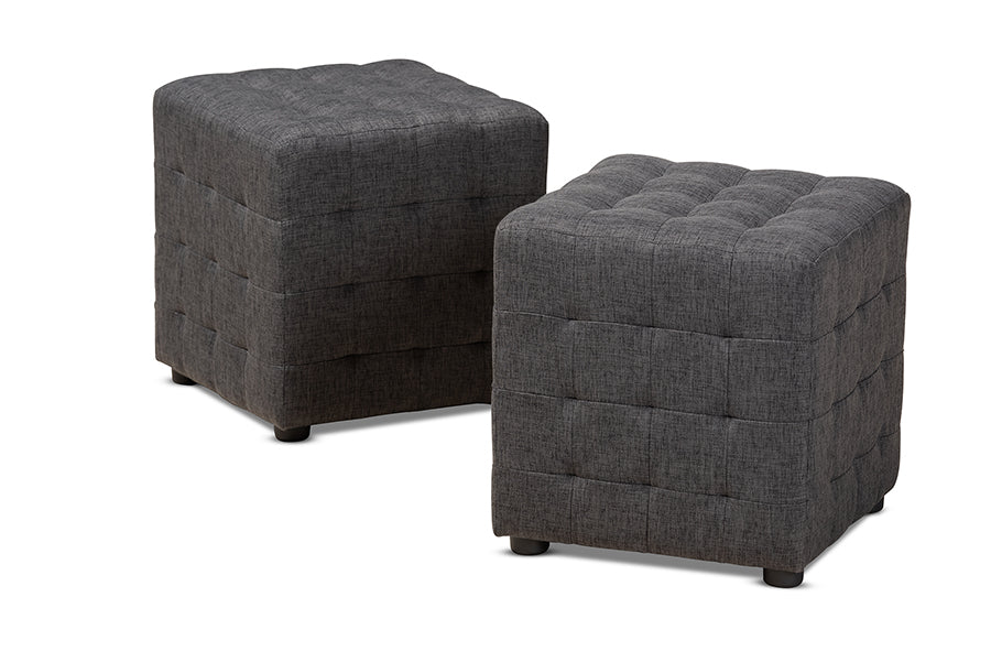 baxton studio elladio modern and contemporary dark grey fabric upholstered tufted cube ottoman set of 2 | Modish Furniture Store-2