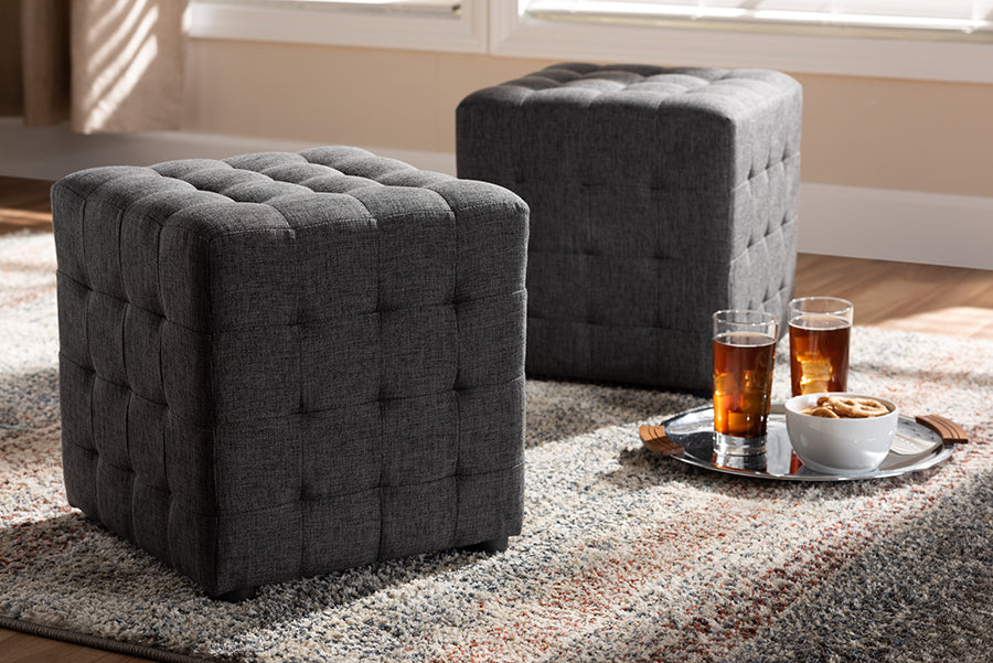 Baxton Studio Elladio Modern and Contemporary Dark Grey Fabric Upholstered Tufted Cube Ottoman Set of 2 | Modishstore | Ottomans