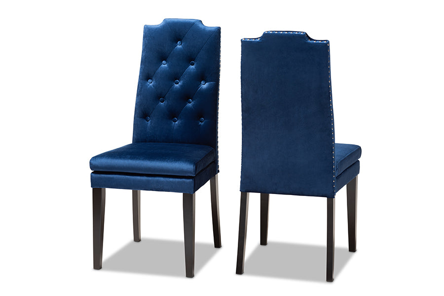 Baxton Studio Dylin Modern and Contemporary Navy Blue Velvet Fabric Upholstered Button Tufted Wood Dining Chair Set of 2 | Modishstore | Dining Chairs - 4