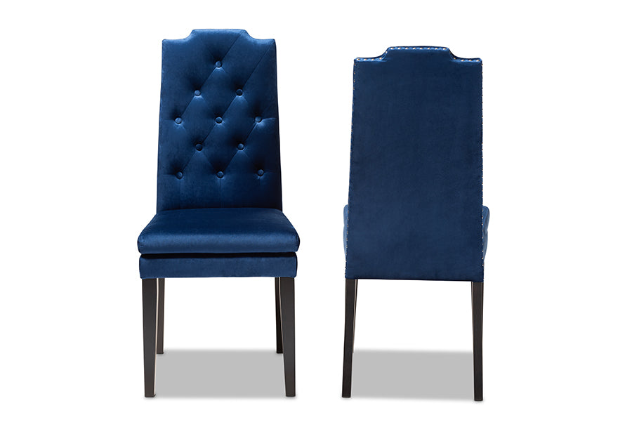 Baxton Studio Dylin Modern and Contemporary Navy Blue Velvet Fabric Upholstered Button Tufted Wood Dining Chair Set of 2 | Modishstore | Dining Chairs - 3