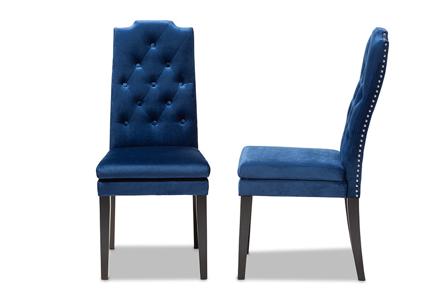 Baxton Studio Dylin Modern and Contemporary Navy Blue Velvet Fabric Upholstered Button Tufted Wood Dining Chair Set of 2 | Modishstore | Dining Chairs - 2