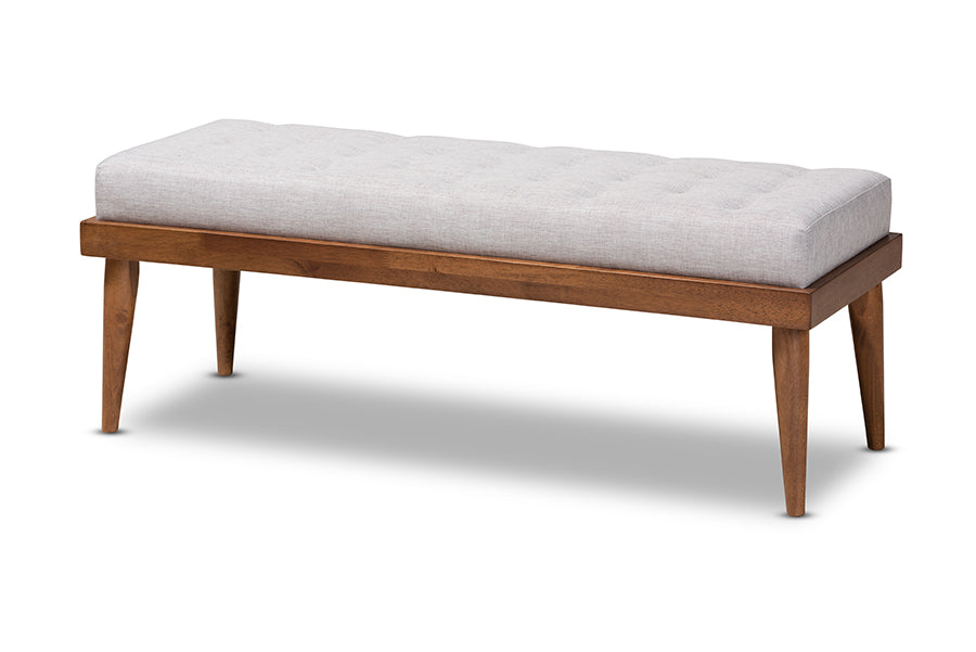 baxton studio linus mid century modern greyish beige fabric upholstered and button tufted wood bench | Modish Furniture Store-2