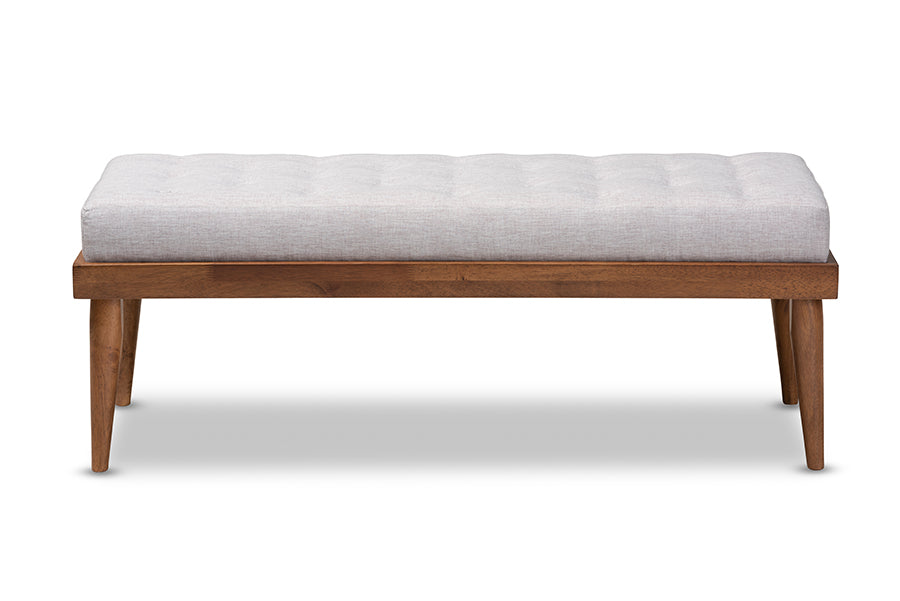 baxton studio linus mid century modern greyish beige fabric upholstered and button tufted wood bench | Modish Furniture Store-3