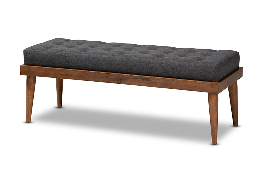 baxton studio linus mid century modern dark grey fabric upholstered and button tufted wood bench | Modish Furniture Store-2