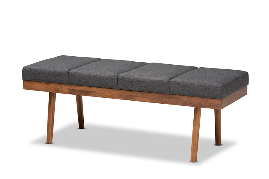 baxton studio larisa mid century modern charcoal fabric upholstered wood bench | Modish Furniture Store-2