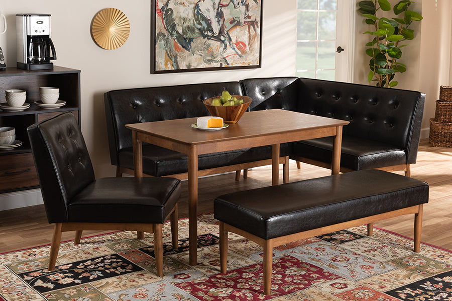 baxton studio arvid mid century modern dark brown faux upholstered leather 5 piece wood dining nook set | Modish Furniture Store-2