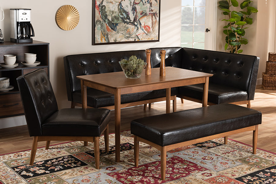 Baxton Studio Arvid Mid-Century Modern Dark Brown Faux Upholstered Leather 5-Piece Wood Dining Nook Set | Modishstore | Sofas