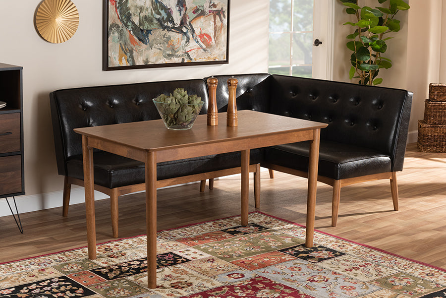 baxton studio arvid mid century modern dark brown faux leather upholstered 3 piece wood dining nook set | Modish Furniture Store-2