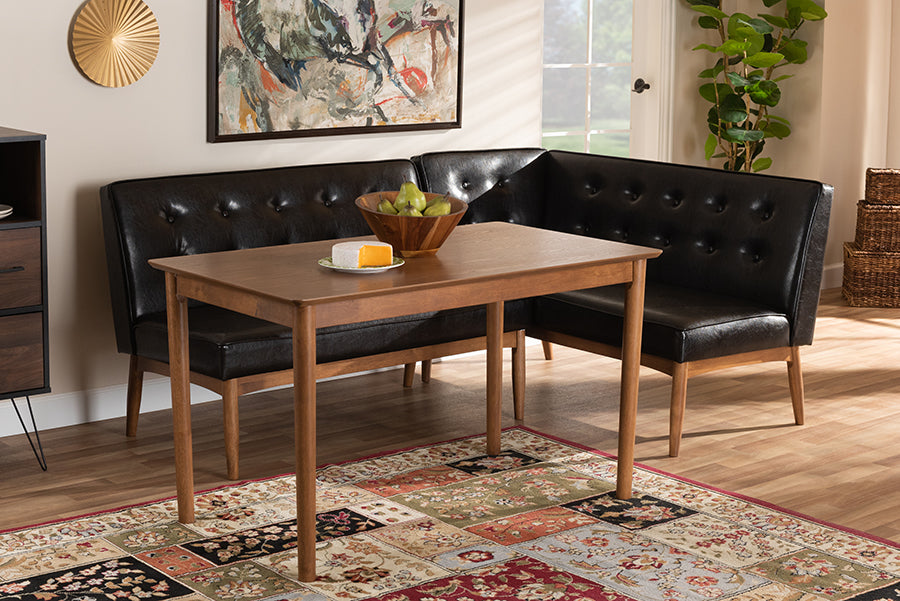 baxton studio arvid mid century modern dark brown faux leather upholstered 3 piece wood dining nook set | Modish Furniture Store-3