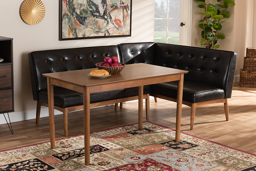 Baxton Studio Arvid Mid-Century Modern Dark Brown Faux Leather Upholstered 3-Piece Wood Dining Nook Set | Modishstore | Dining Sets