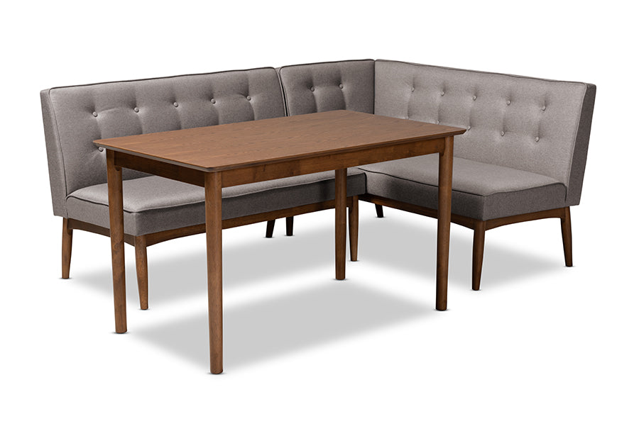 baxton studio arvid mid century modern gray fabric upholstered 3 piece wood dining nook set | Modish Furniture Store-2