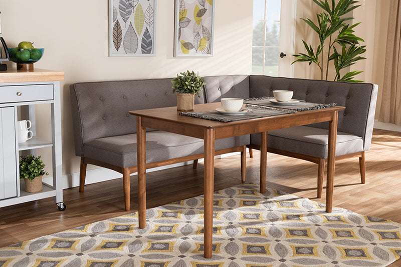 Baxton Studio Arvid Mid-Century Modern Gray Fabric Upholstered 3-Piece Wood Dining Nook Set | Modishstore | Dining Sets