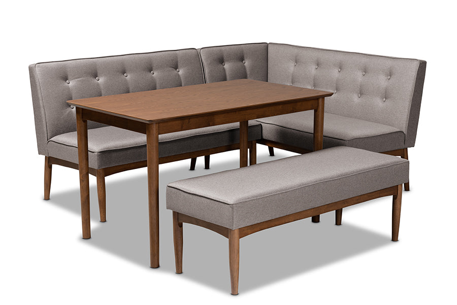 baxton studio arvid mid century modern gray fabric upholstered 4 piece wood dining nook set | Modish Furniture Store-2