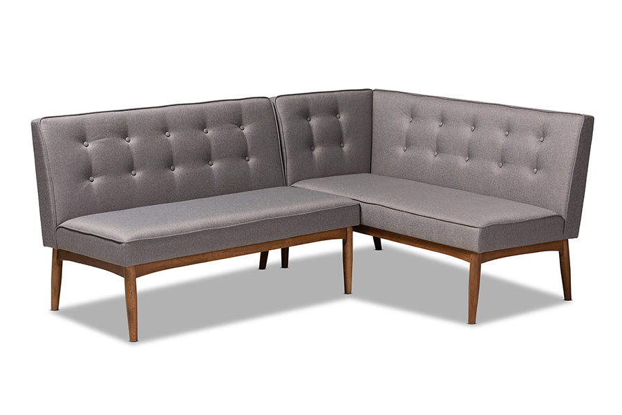 baxton studio arvid mid century modern gray fabric upholstered 2 piece wood dining nook banquette set | Modish Furniture Store-2