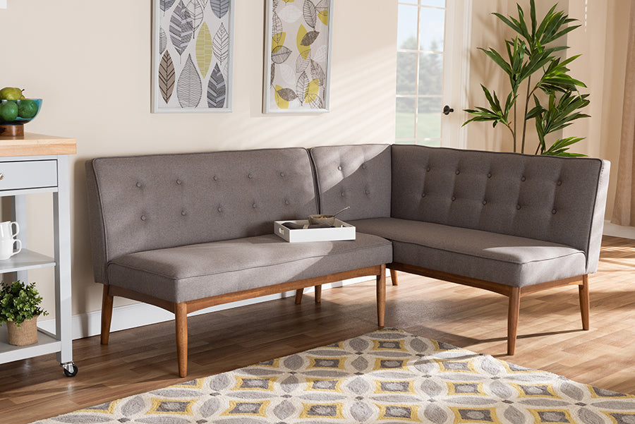 Baxton Studio Arvid Mid-Century Modern Gray Fabric Upholstered 2-Piece Wood Dining Nook Banquette Set | Modishstore | Dining Sets