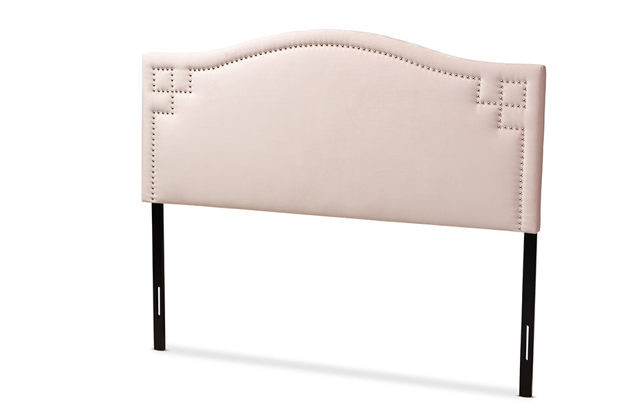 baxton studio aubrey modern and contemporary light pink velvet fabric upholstered queen size headboard | Modish Furniture Store-2
