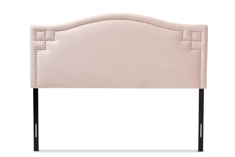 baxton studio aubrey modern and contemporary light pink velvet fabric upholstered queen size headboard | Modish Furniture Store-3