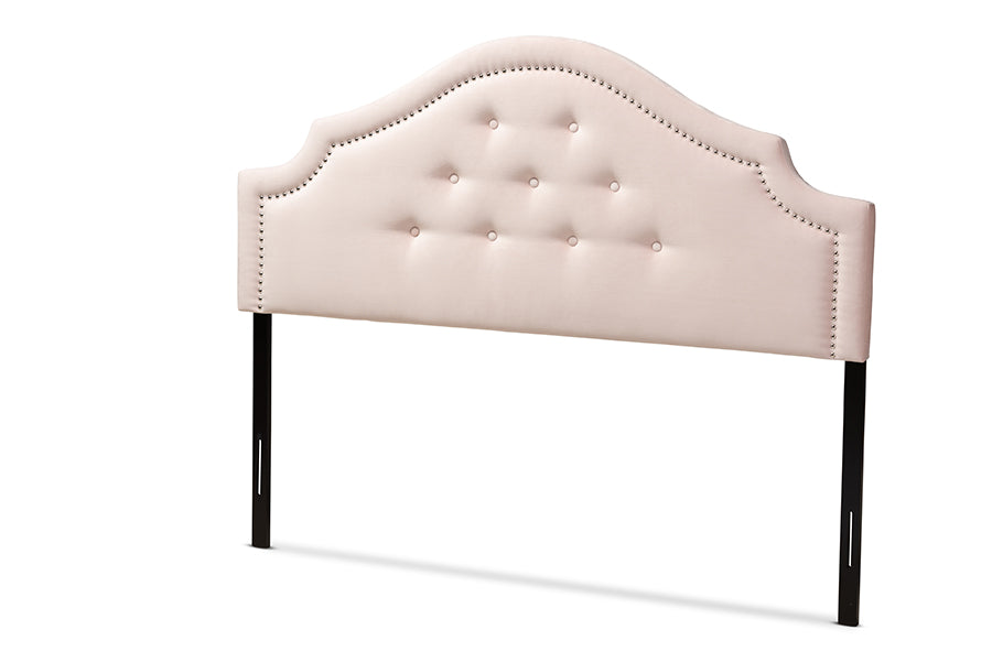 baxton studio cora modern and contemporary light pink velvet fabric upholstered queen size headboard | Modish Furniture Store-2